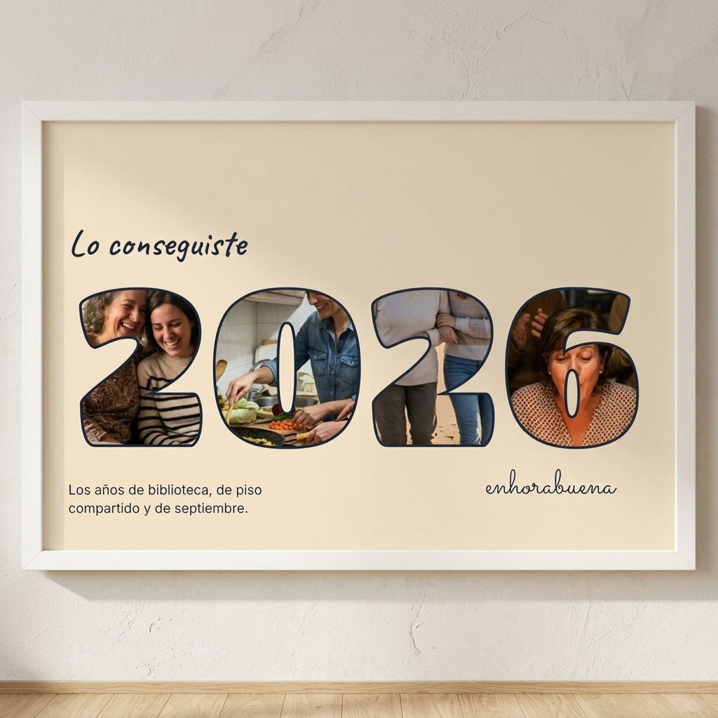 Cuadro letras con fotos personalizado de graduación con el año de la promoción relleno de fotos, colgado en una pared clara