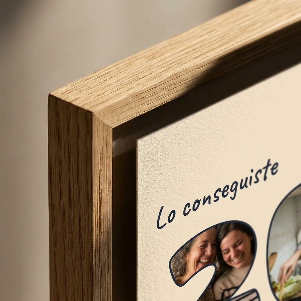 Detalle de la esquina en inglete del marco del cuadro letras con fotos personalizado de graduación