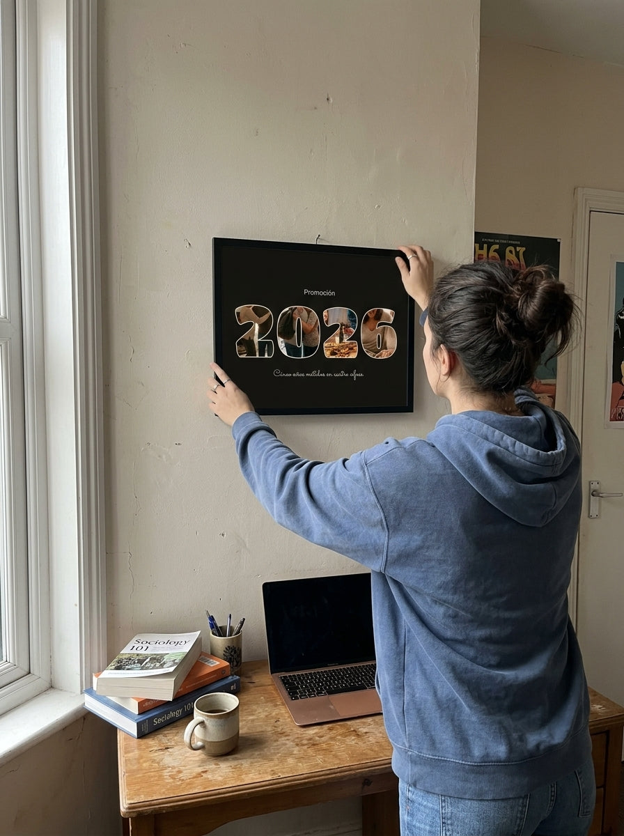 Colgando el cuadro letras con fotos personalizado de graduación en la pared de casa