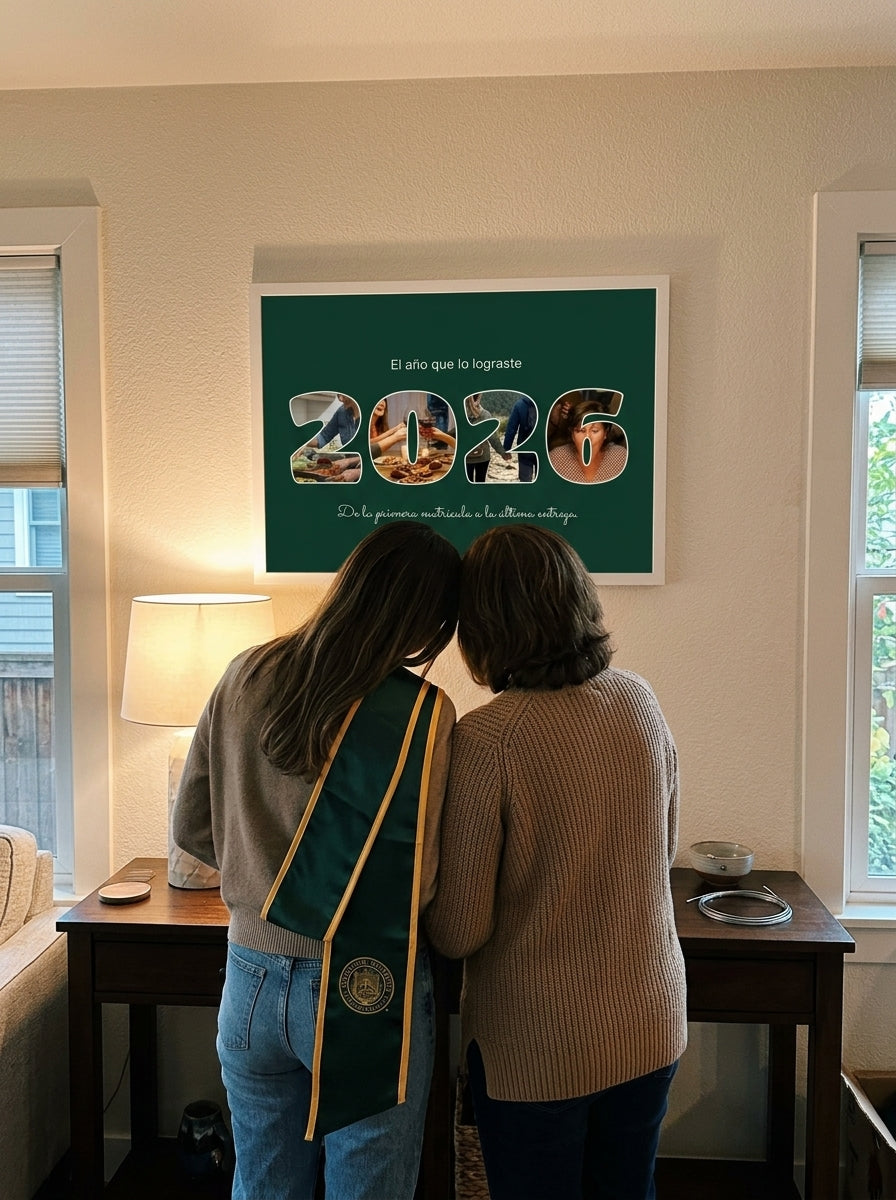 Una recién graduada y su madre mirando el cuadro letras con fotos personalizado de graduación recién colgado