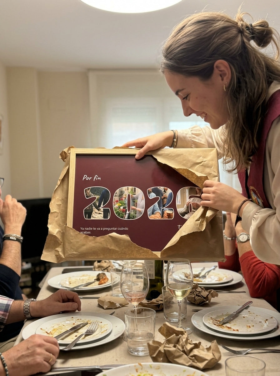 Abriendo el regalo del cuadro letras con fotos personalizado de graduación en una comida familiar