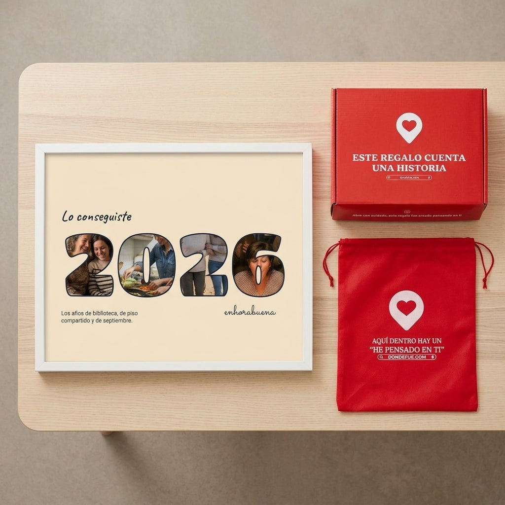 Cuadro letras con fotos personalizado de graduación junto a la caja y la bolsa de regalo de Donde Fue