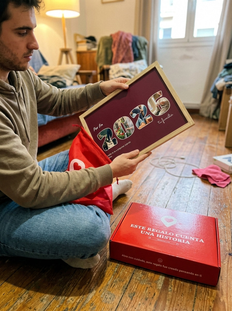 Sacando el cuadro letras con fotos personalizado de graduación de la bolsa de regalo, con la caja abierta al lado