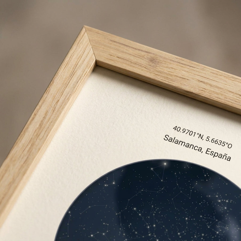 Detalle de la esquina en inglete del marco del cuadro mapa estelar personalizado de graduación