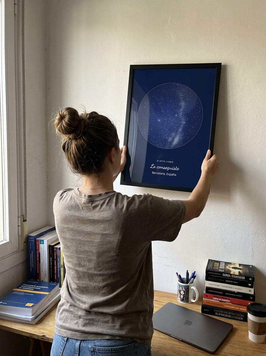 Colgando el cuadro mapa estelar personalizado de graduación en la pared de casa
