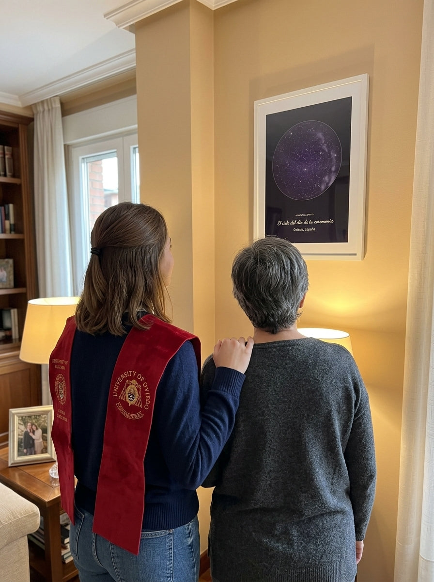 Una recién graduada y su madre mirando el cuadro mapa estelar personalizado de graduación recién colgado