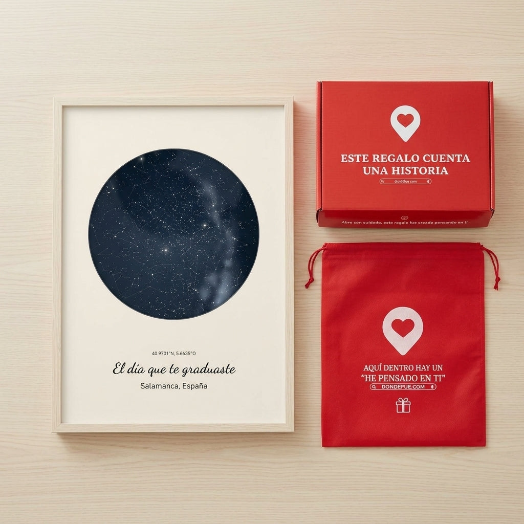 Cuadro mapa estelar personalizado de graduación junto a la caja y la bolsa de regalo de Donde Fue