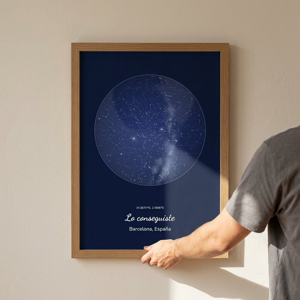 Enderezando el cuadro mapa estelar personalizado de graduación recién colgado en la pared
