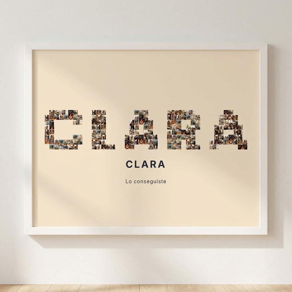 Cuadro nombre con fotos personalizado de graduación con su nombre relleno de las fotos de la carrera, colgado en una pared clara