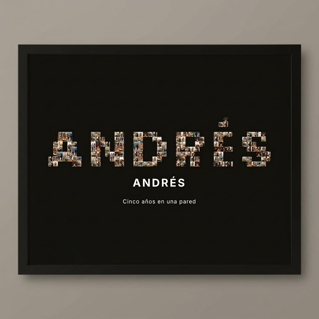 Cuadro nombre con fotos personalizado de graduación con marco negro, foto de estudio sobre fondo neutro