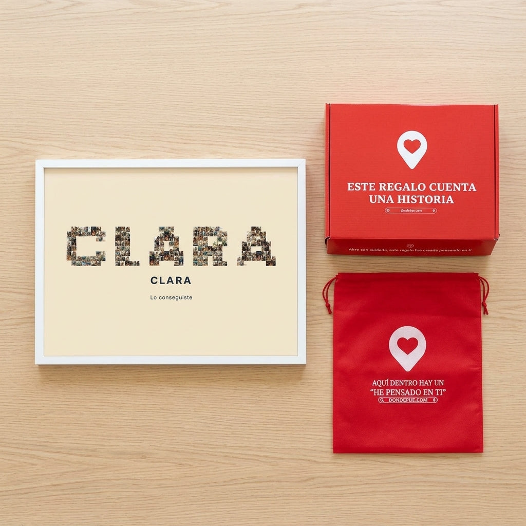 Cuadro nombre con fotos personalizado de graduación junto a la caja y la bolsa de regalo de Donde Fue