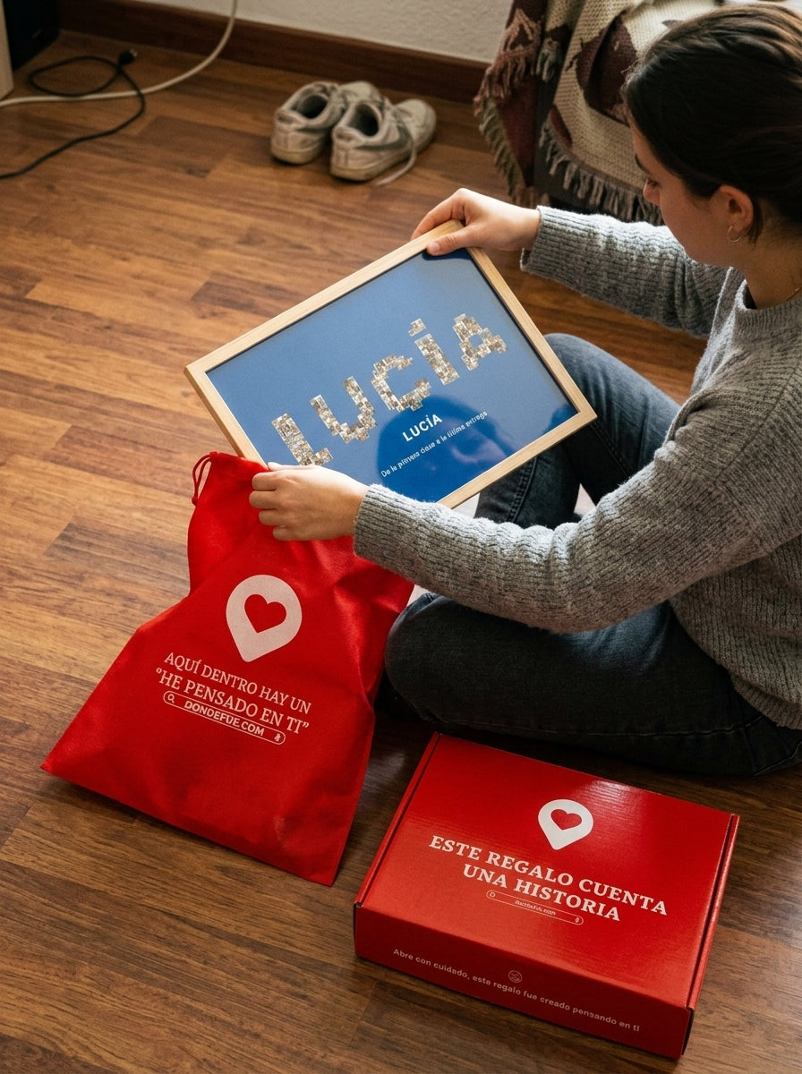 Sacando el cuadro nombre con fotos personalizado de graduación de la bolsa de regalo, con la caja abierta al lado