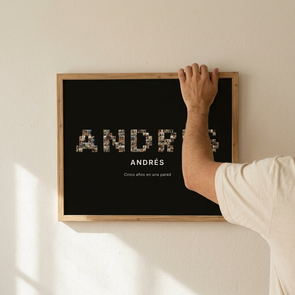 Enderezando el cuadro nombre con fotos personalizado de graduación recién colgado en la pared