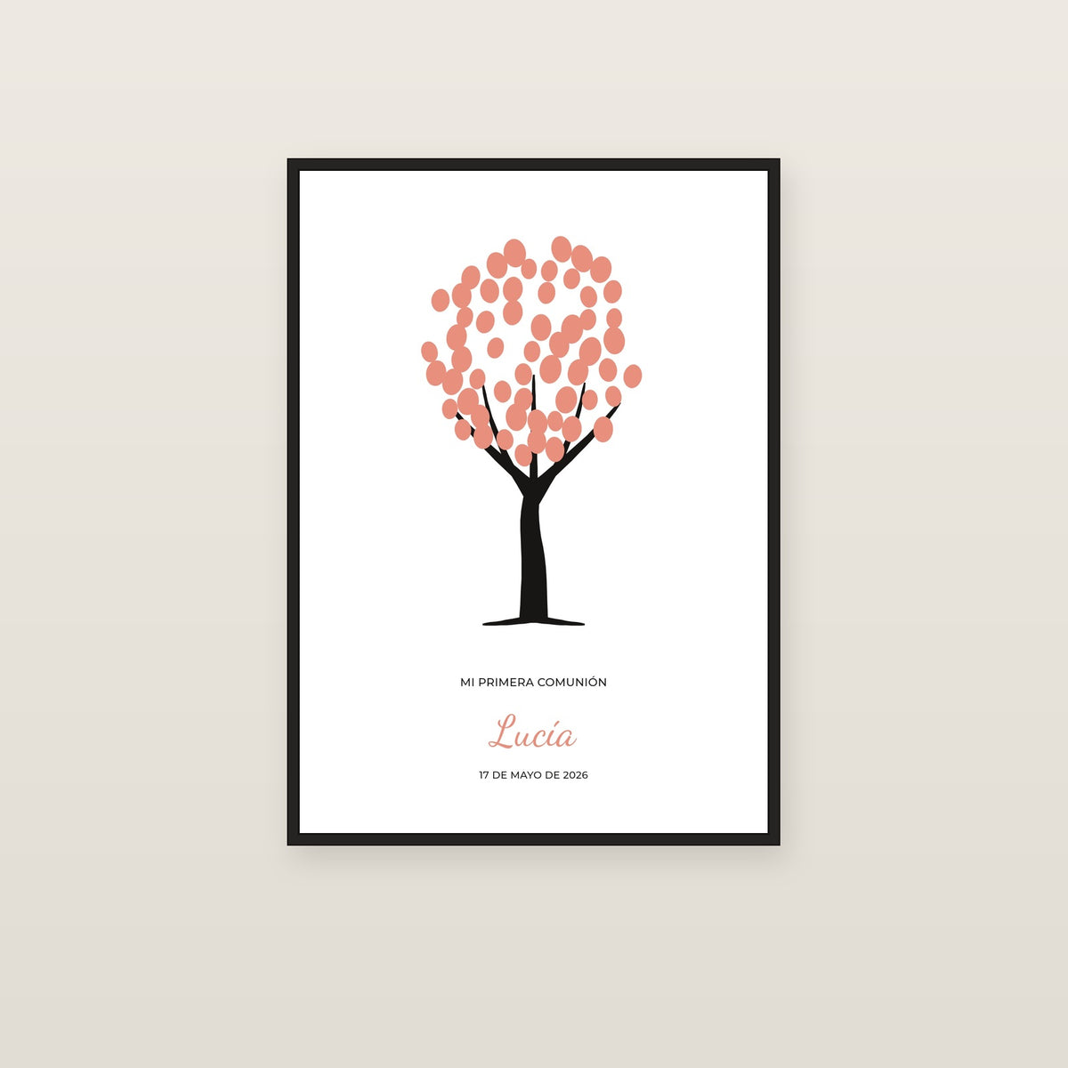 Lámina de huellas personalizada de Primera Comunión con el árbol, en marco negro
