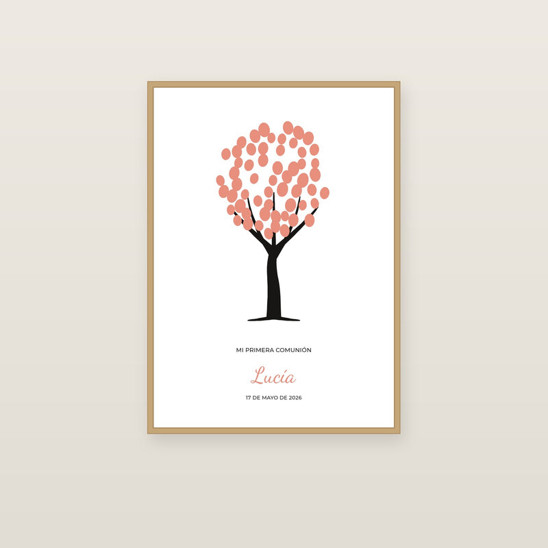 Lámina de huellas personalizada de Primera Comunión con el árbol, en marco madera