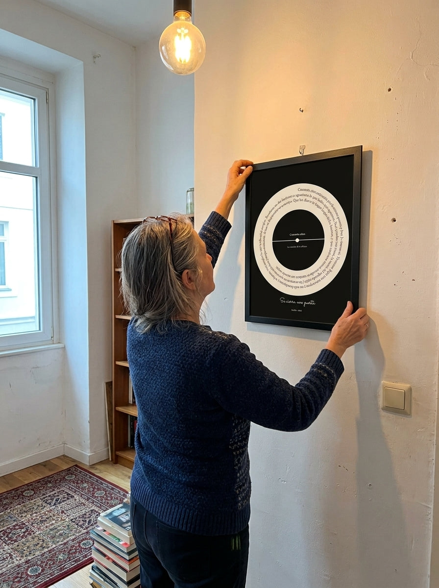 Colgando el cuadro canción personalizado de jubilación en la pared de casa
