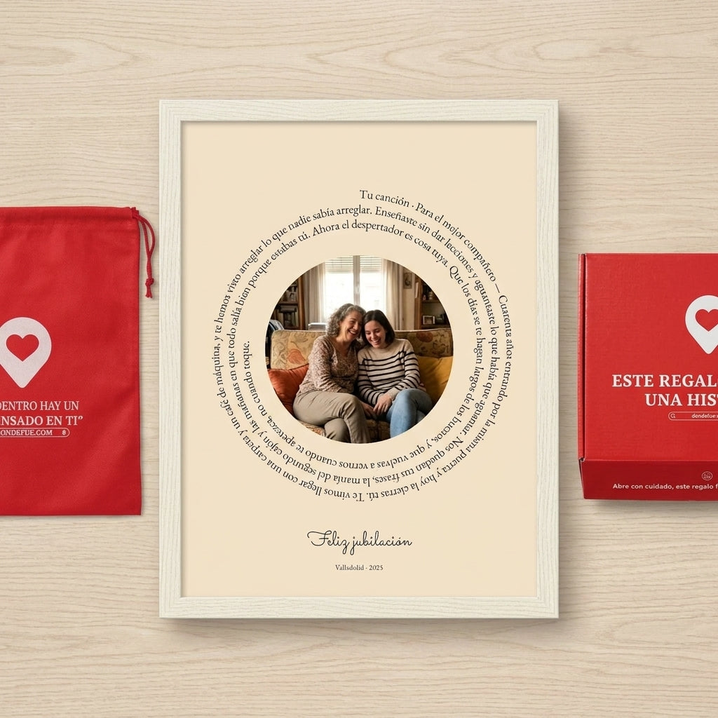 Cuadro canción personalizado de jubilación junto a la caja y la bolsa de regalo de Donde Fue