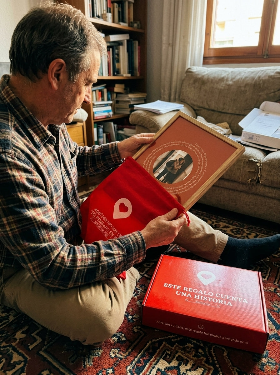 Sacando el cuadro canción personalizado de jubilación de la bolsa de regalo, con la caja abierta al lado