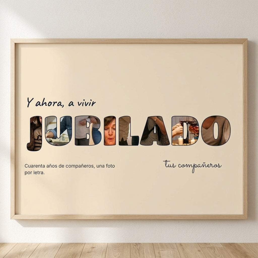 Cuadro letras con fotos personalizado de jubilación con una foto dentro de cada letra de JUBILADO, colgado en una pared clara