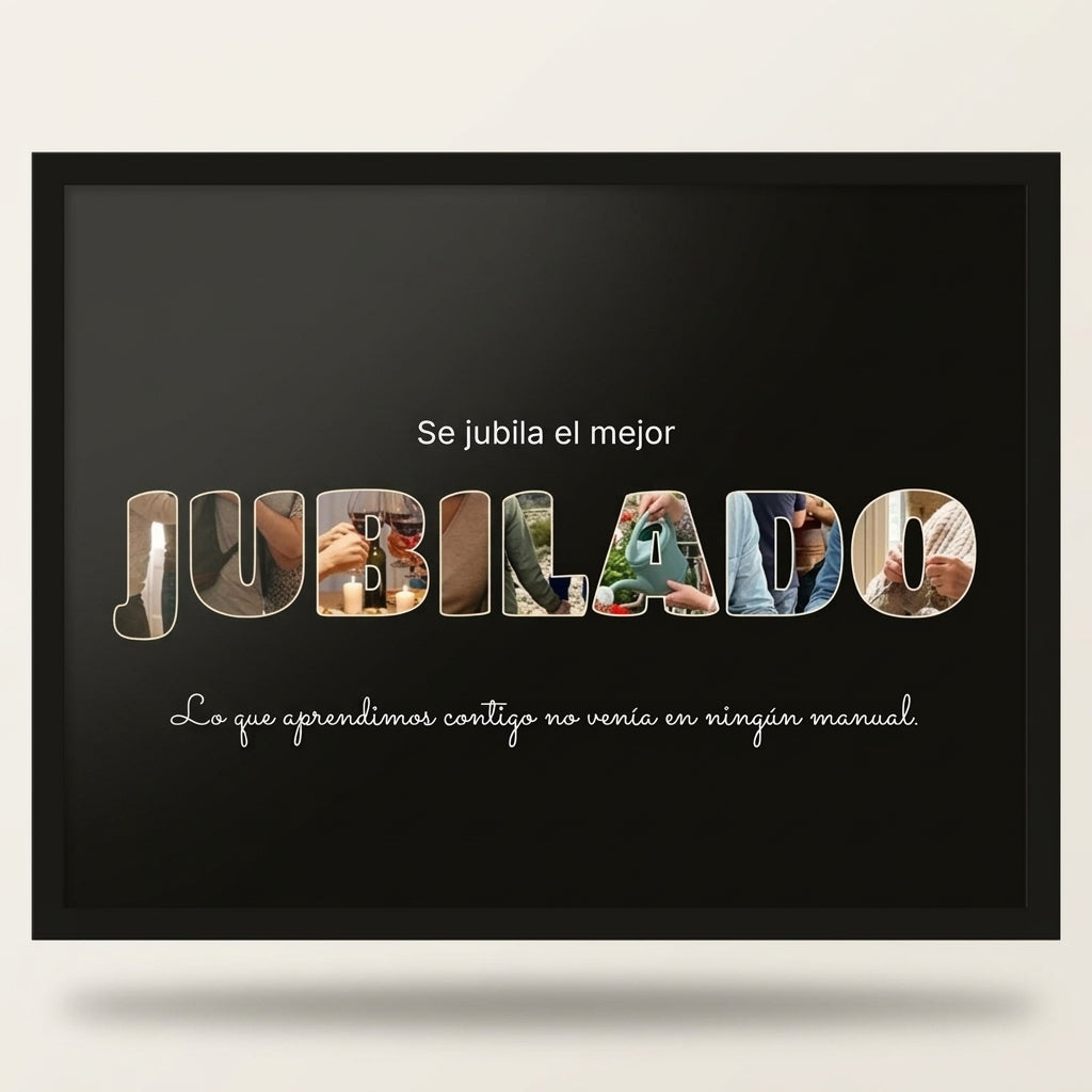 Cuadro letras con fotos personalizado de jubilación con marco negro, foto de estudio sobre fondo neutro