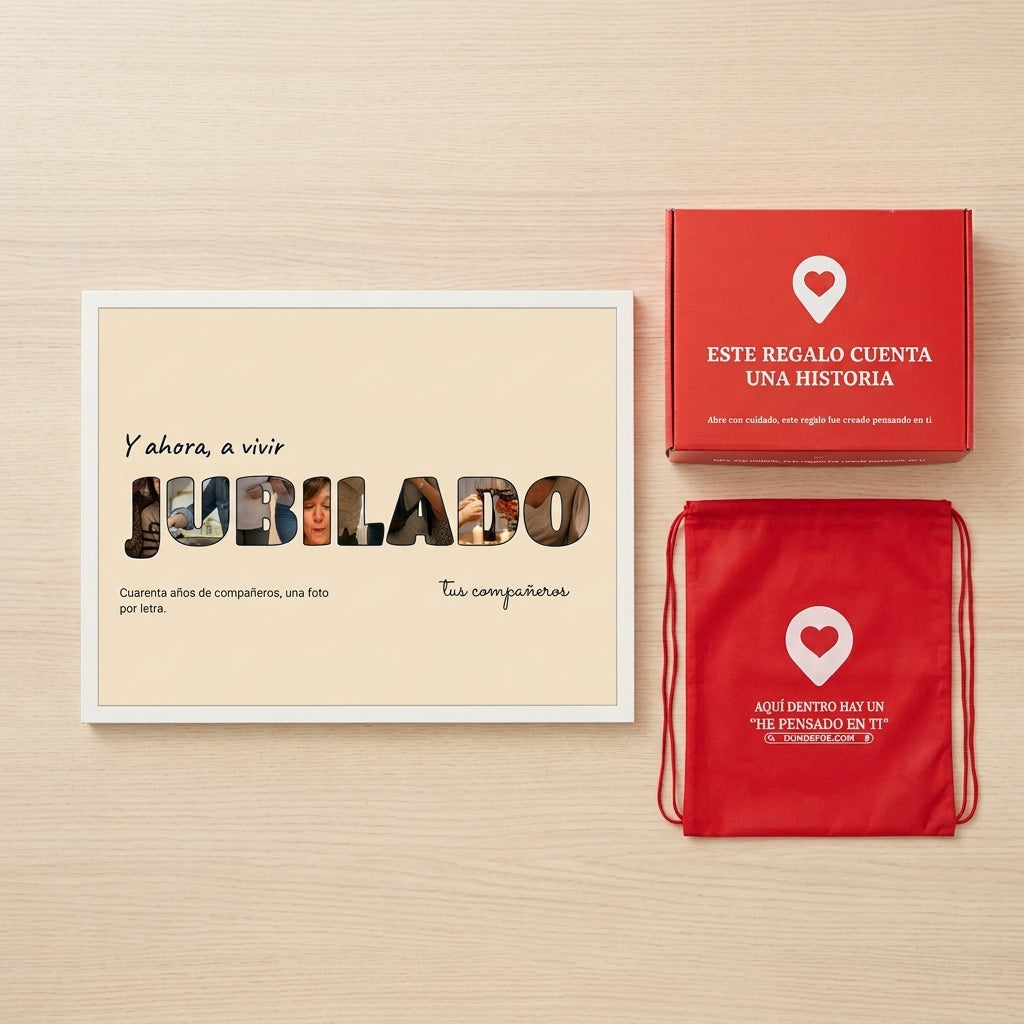 Cuadro letras con fotos personalizado de jubilación junto a la caja y la bolsa de regalo de Donde Fue