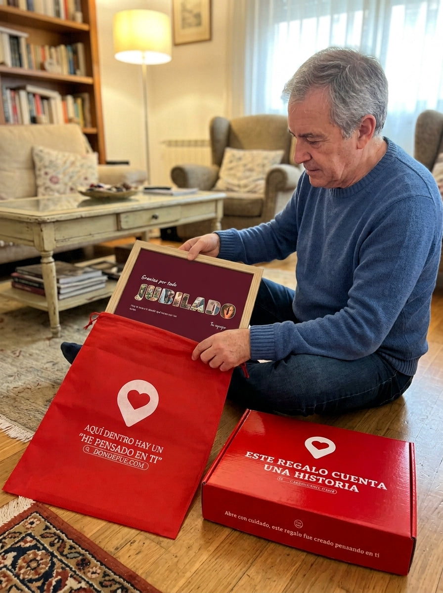 Sacando el cuadro letras con fotos personalizado de jubilación de la bolsa de regalo, con la caja abierta al lado
