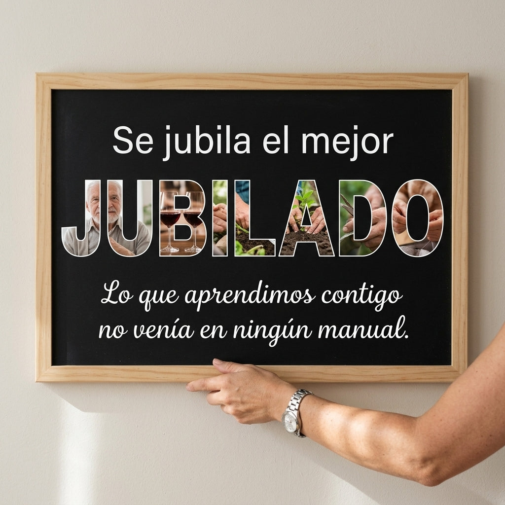 Enderezando el cuadro letras con fotos personalizado de jubilación recién colgado en la pared