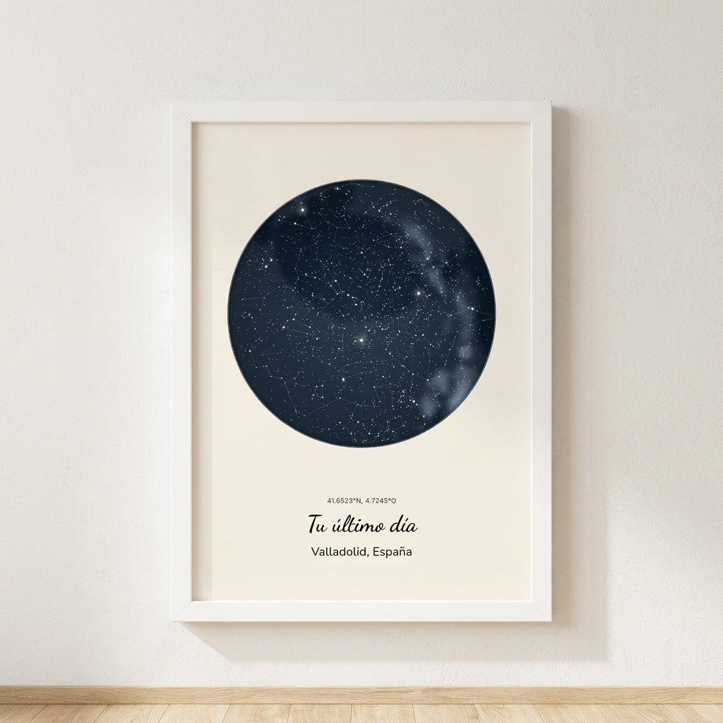 Cuadro mapa estelar personalizado de jubilación con el cielo de su último día de trabajo, colgado en una pared clara