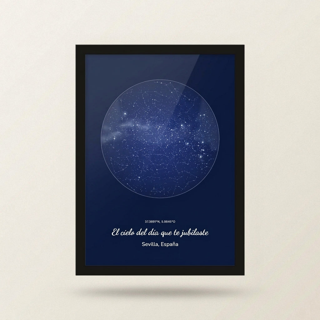 Cuadro mapa estelar personalizado de jubilación con marco negro, foto de estudio sobre fondo neutro