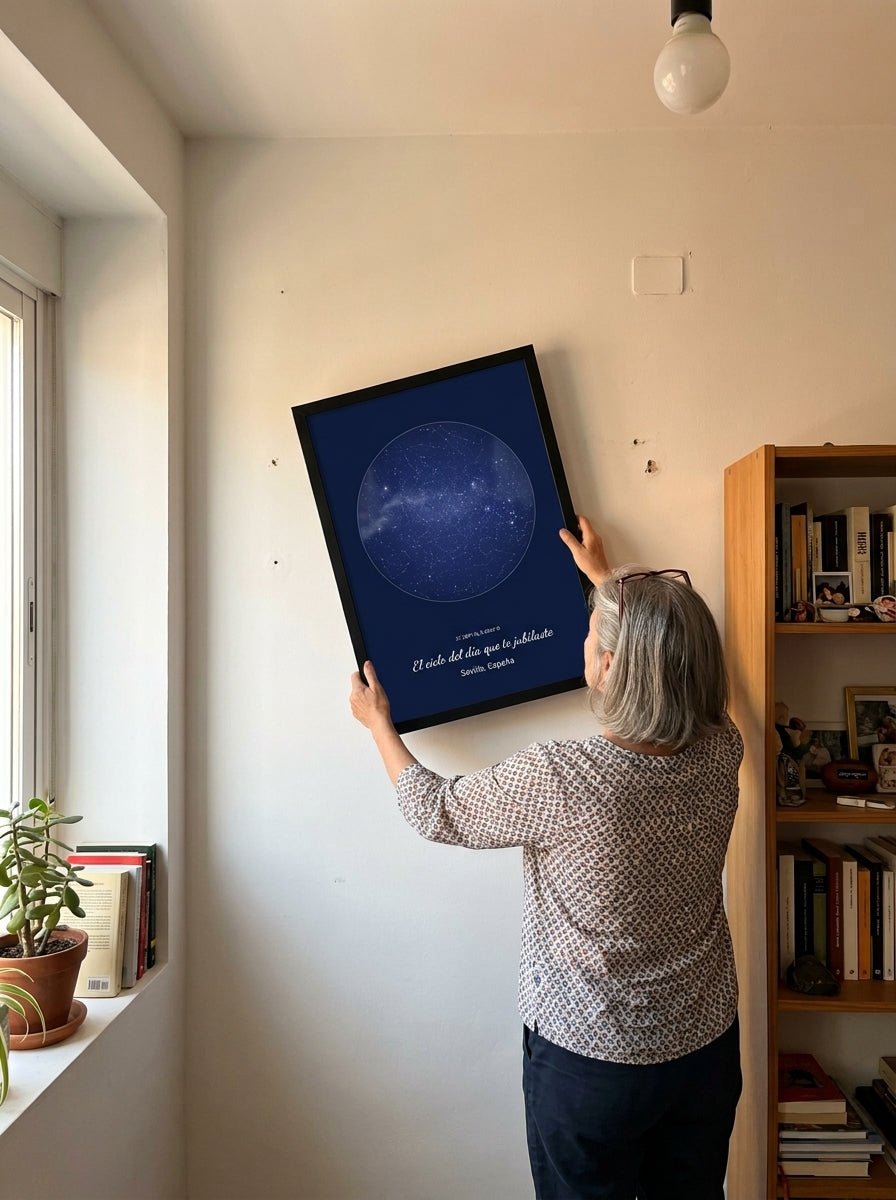 Colgando el cuadro mapa estelar personalizado de jubilación en la pared de casa