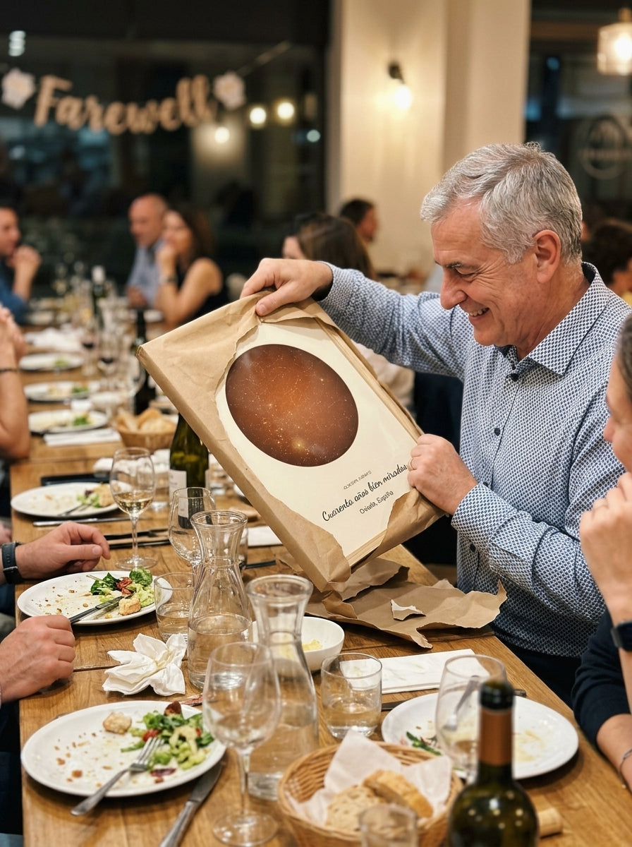 Abriendo el regalo del cuadro mapa estelar personalizado de jubilación en una comida familiar