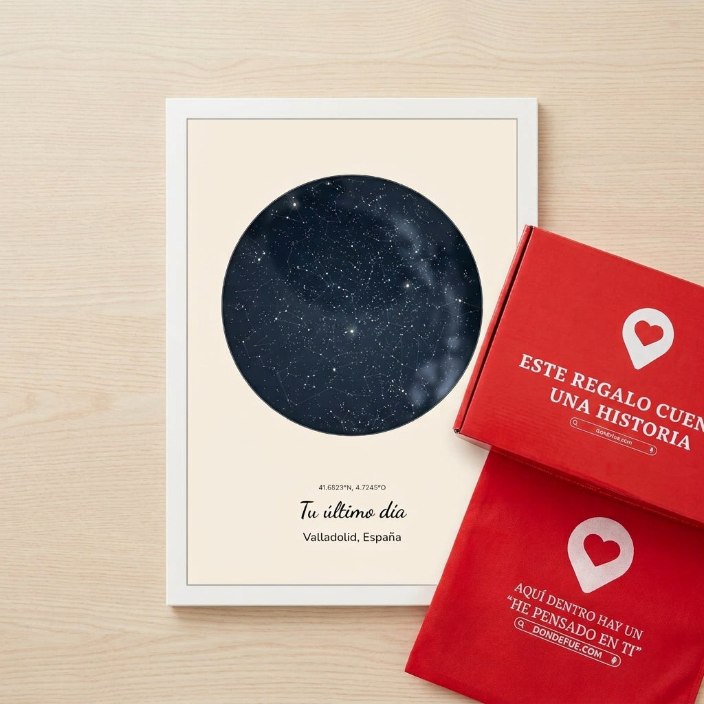 Cuadro mapa estelar personalizado de jubilación junto a la caja y la bolsa de regalo de Donde Fue