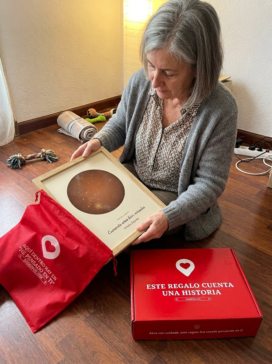 Sacando el cuadro mapa estelar personalizado de jubilación de la bolsa de regalo, con la caja abierta al lado