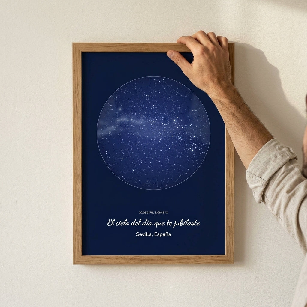 Enderezando el cuadro mapa estelar personalizado de jubilación recién colgado en la pared