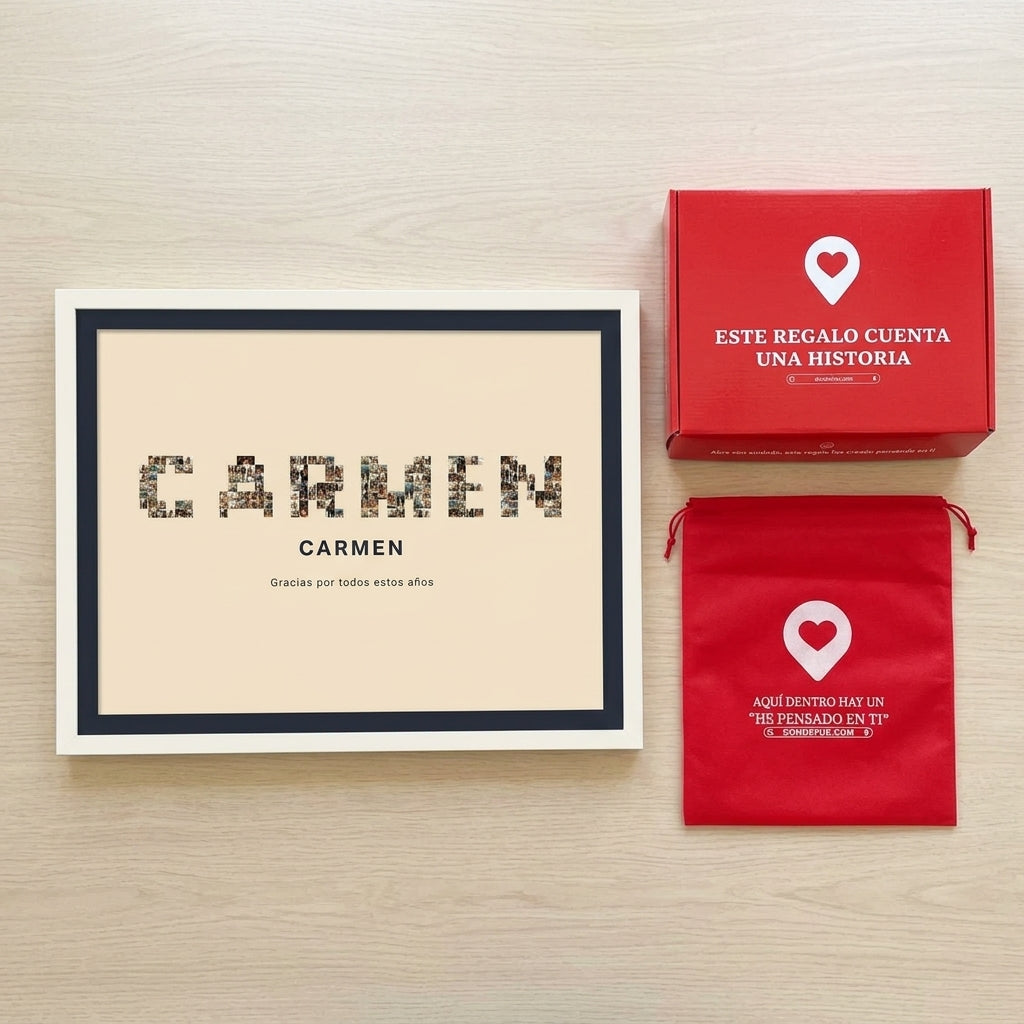 Cuadro nombre con fotos personalizado de jubilación junto a la caja y la bolsa de regalo de Donde Fue