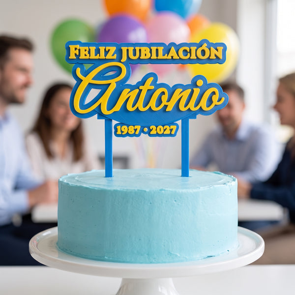 Cake topper de jubilación personalizado con nombre, impreso en 3D