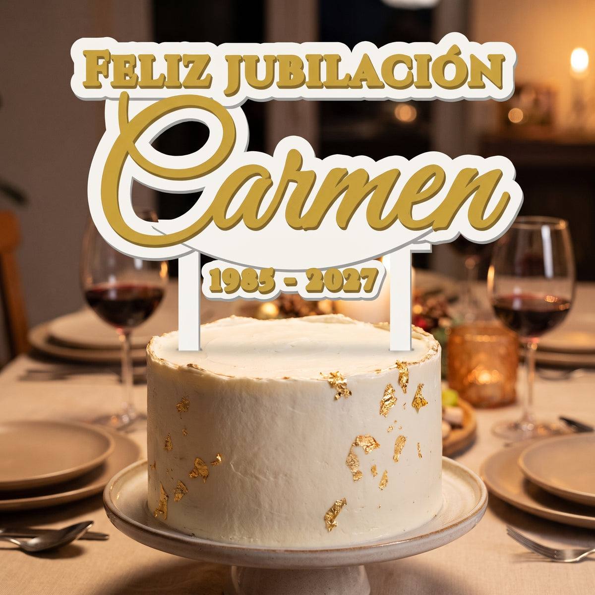 Cake topper de jubilación personalizado con el nombre Carmen en otros colores, impreso en 3D
