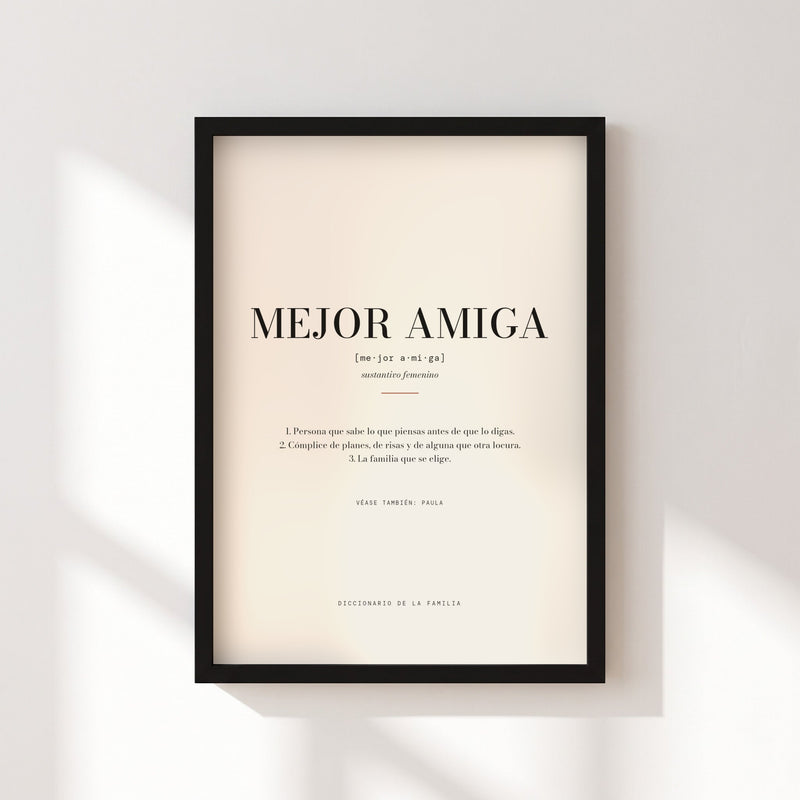 Lámina «Mejor amiga» con definición de diccionario, personalizada, en marco negro