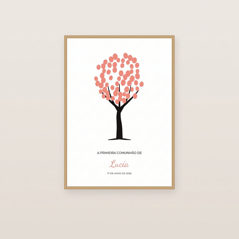 Lámina de huellas personalizada de Primera Comunión con el árbol, en marco madera
