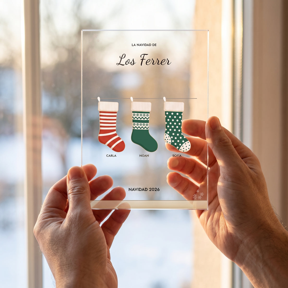 Placa de metacrilato de Navidad personalizada a contraluz en la ventana