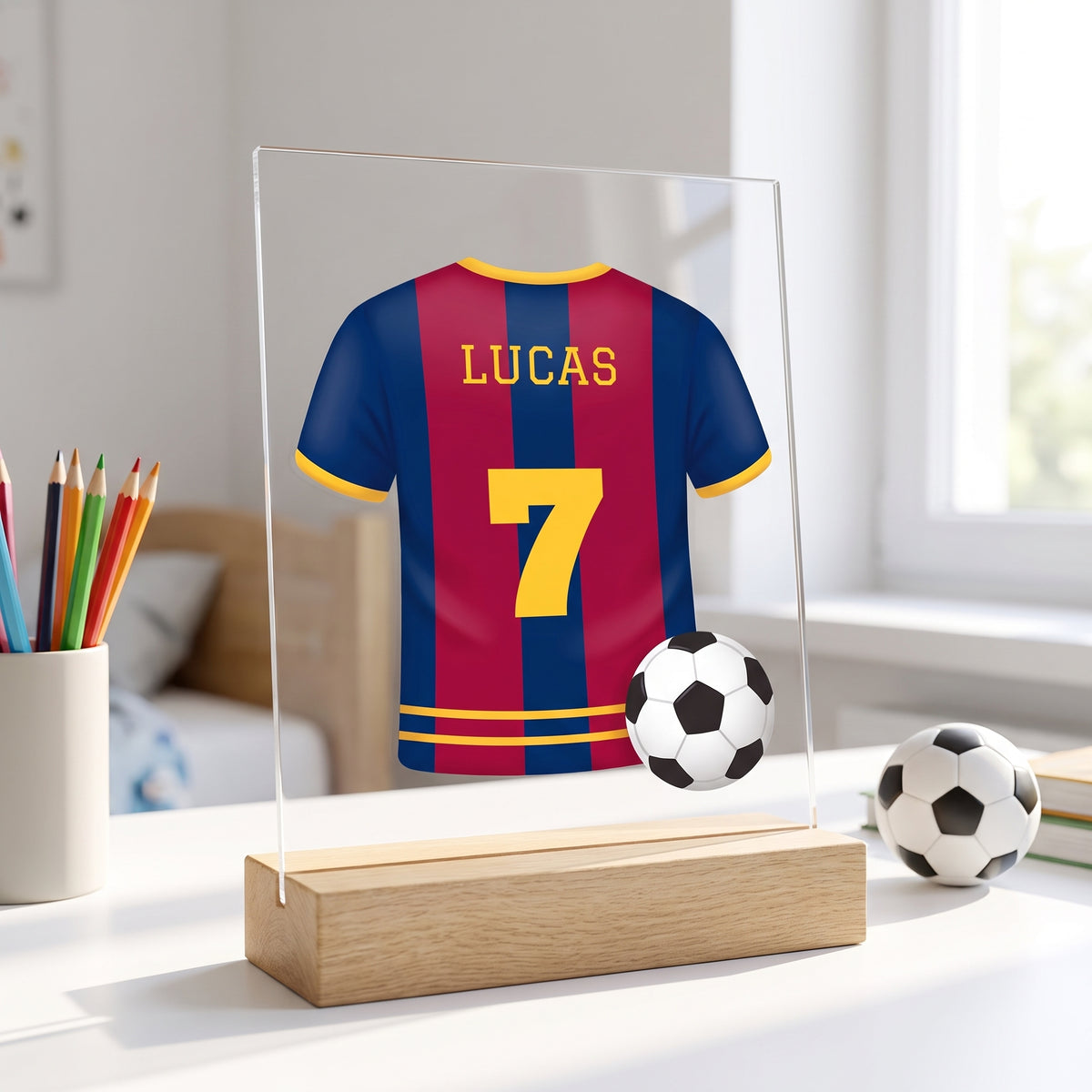 Lámpara infantil de fútbol con camiseta azulgrana, nombre y dorsal 7