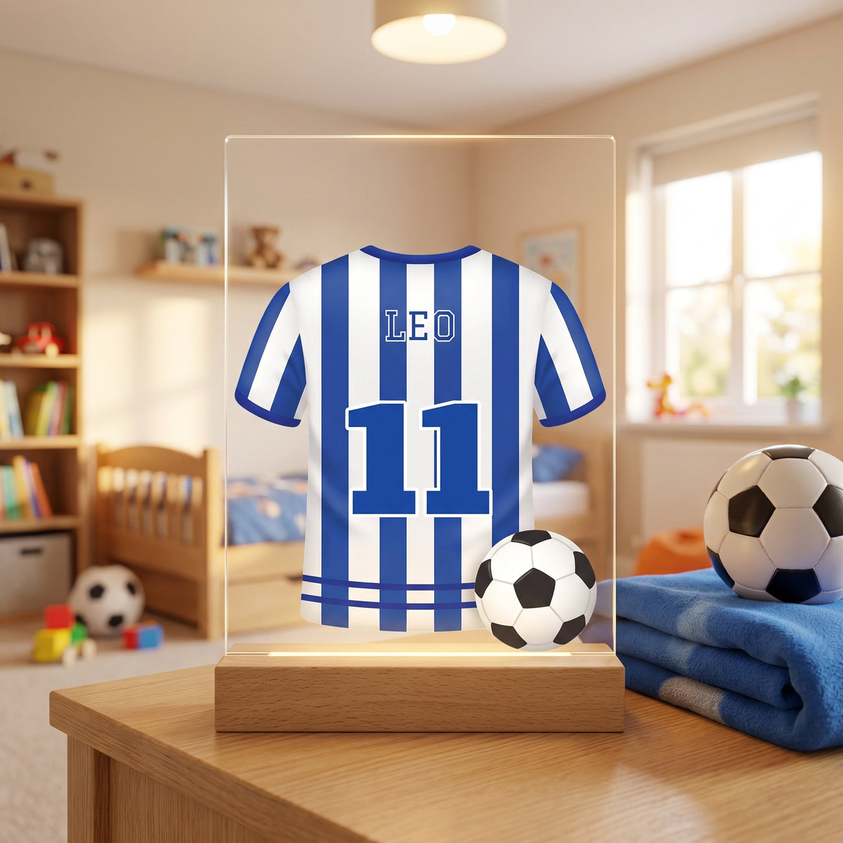 Lámpara de fútbol con camiseta blanquiazul encendida con luz LED cálida en un dormitorio infantil