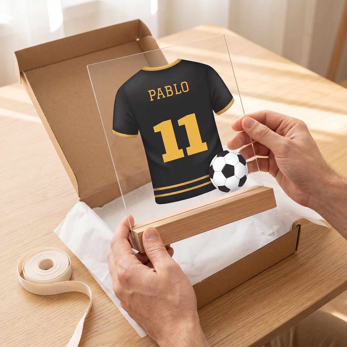 Lámpara infantil personalizada con camiseta de fútbol con camiseta negra con el nombre Pablo y el 11, en las manos para ver su tamaño, listo para regalar