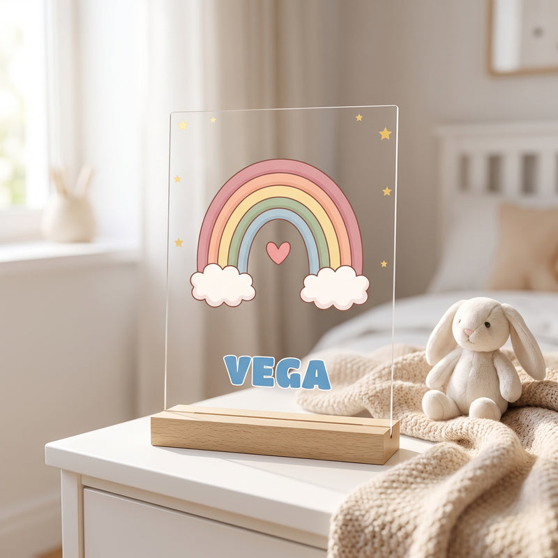 Lámpara infantil personalizada con arcoíris y nombre sobre base de madera en un dormitorio luminoso