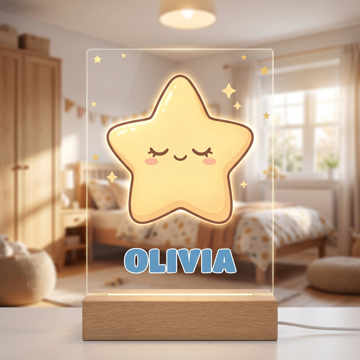 Lámpara infantil con estrella y nombre encendida con luz LED cálida