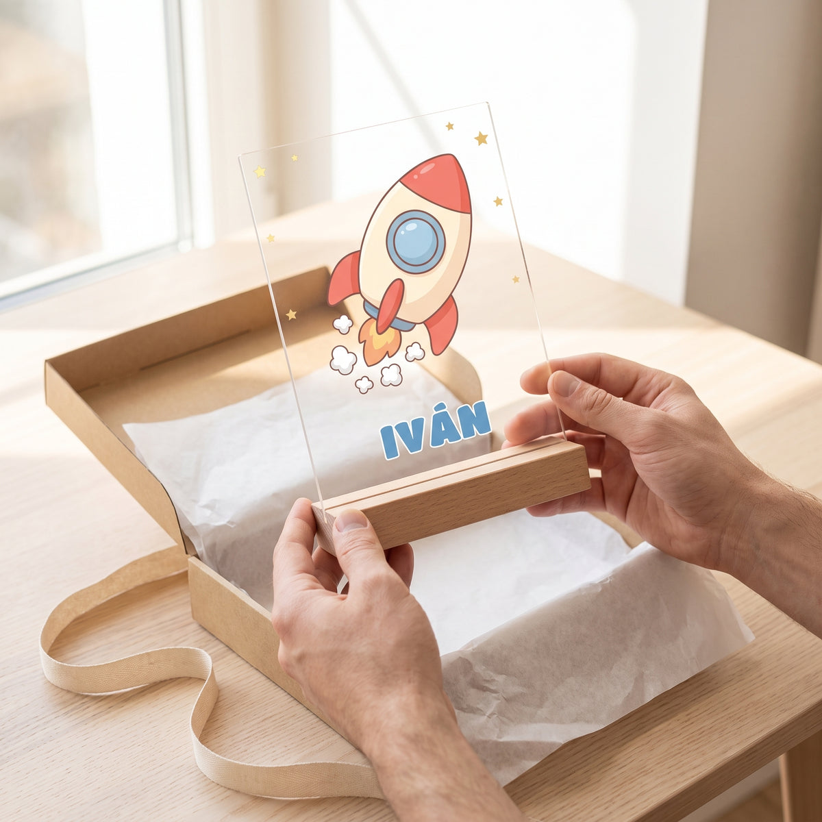 Lámpara infantil personalizada con nombre y dibujo del cielo con cohete y el nombre Iván, en las manos para ver su tamaño, listo para regalar
