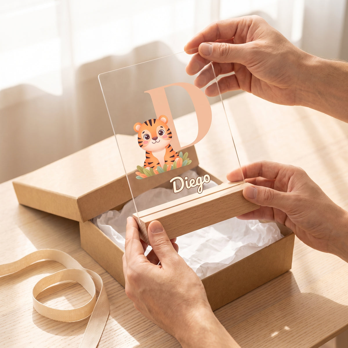 Lámpara infantil personalizada con inicial y nombre con la D, un tigre y el nombre Diego, en las manos para ver su tamaño, listo para regalar