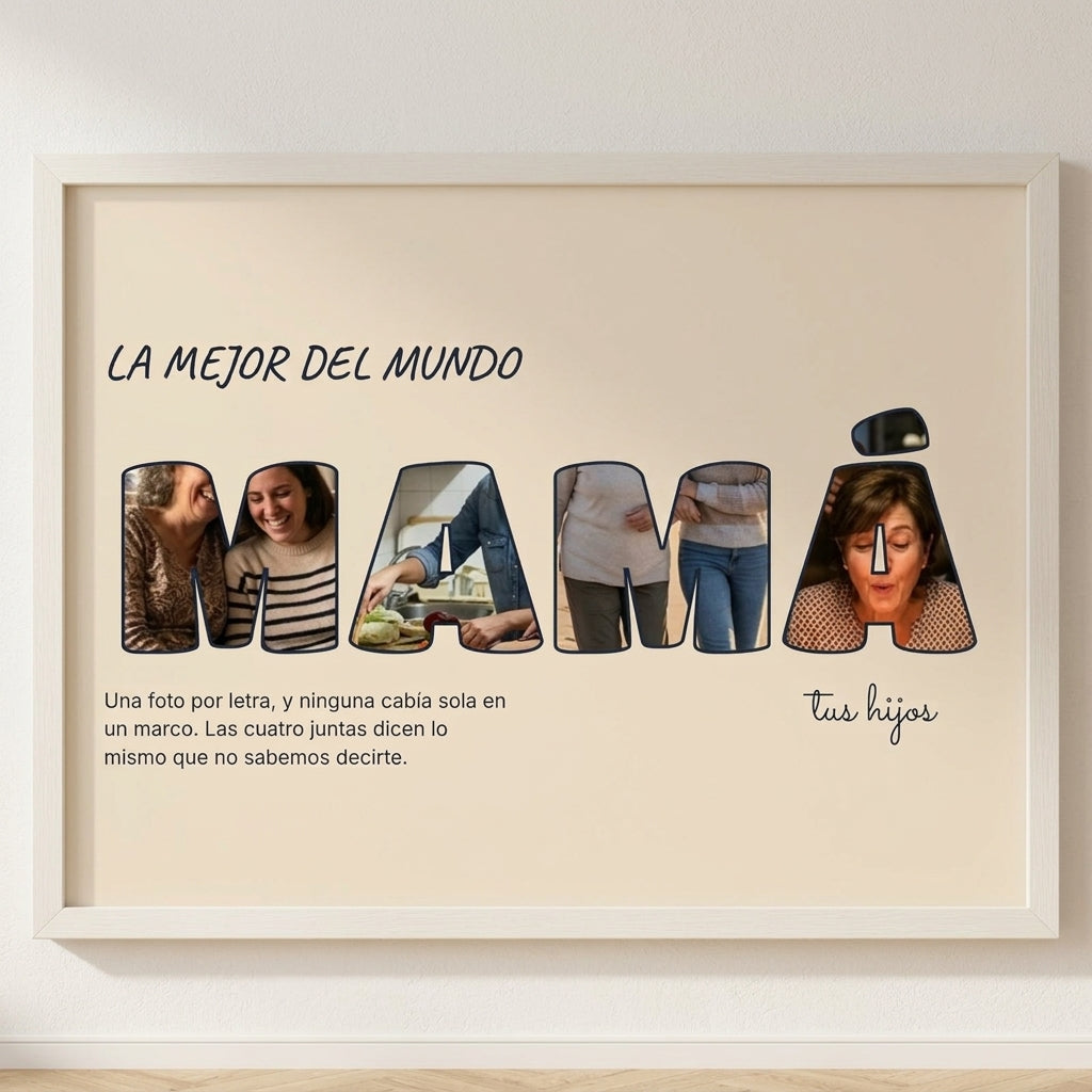 Cuadro letras con fotos personalizado Día de la Madre con una foto dentro de cada letra de MAMÁ, colgado en una pared clara