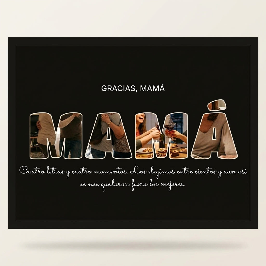Cuadro letras con fotos personalizado Día de la Madre con marco negro, foto de estudio sobre fondo neutro