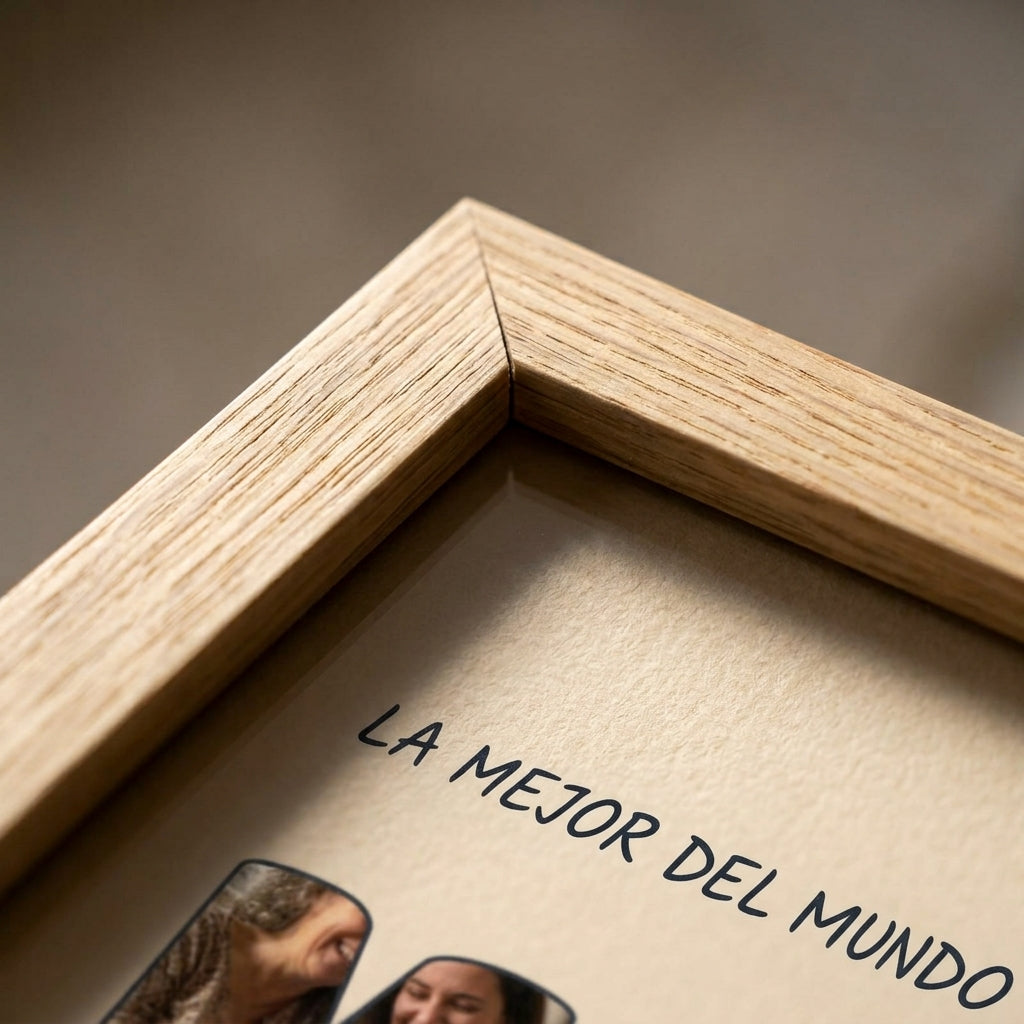Detalle de la esquina en inglete del marco del cuadro letras con fotos personalizado Día de la Madre